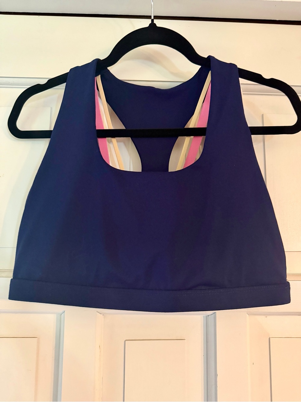 Fabletics Navy High-Neck Sports Bra with Pink & Cream Straps